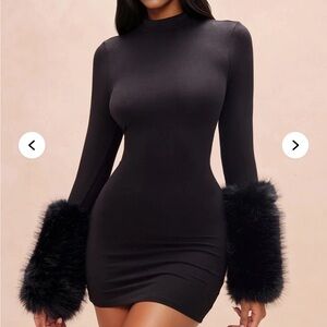 Fashion Nova Black Long-Sleeve Bodycon Mini with Faux Fur Cuffs